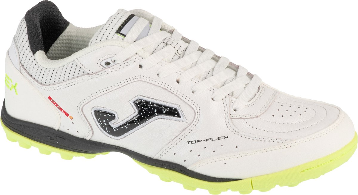 Witte Joma Top Flex 2502 TF voetbalschoenen voor mannen, maat 43, van grof leder met zwarte en gele accenten.