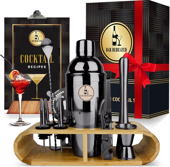 Bar Dedicated Cocktail shaker Set - 16 Delig Zwart - Met Nederlandstalig Receptenboek - Vaderdag Cadeau