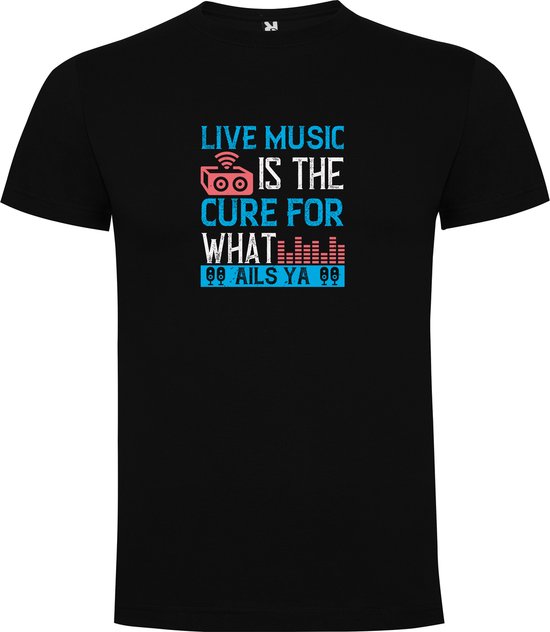 T-shirt Zwart avec imprimé coloré « La musique live est le remède à ce qui vous fait mal » Imprimé en couleur Taille 3XL