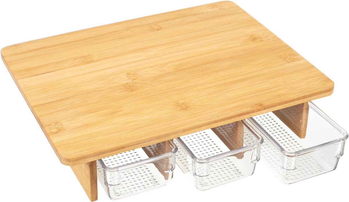 Bamboe Snijplank met 3 Uitneembare Bakjes – Multifunctioneel Keukenhulpje & Organizer – Voor Mise en Place, Voorbereiding & Serveerwerk – Duurzaam Hout – Bruin