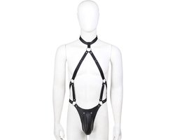 Nooitmeersaai - Bondageharnas met kuisheidskooi - PU leer - Zwart - Voor mannen