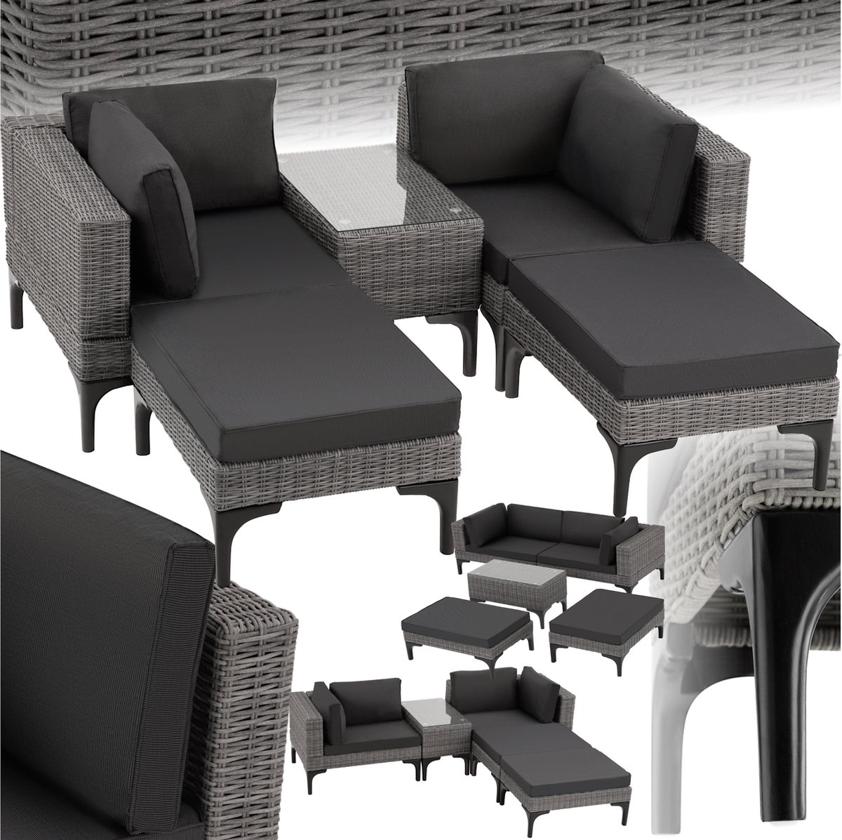 tectake® - Wicker lounge ligbedden tuinset Bellaria - aluminium frame - grijs - 404796