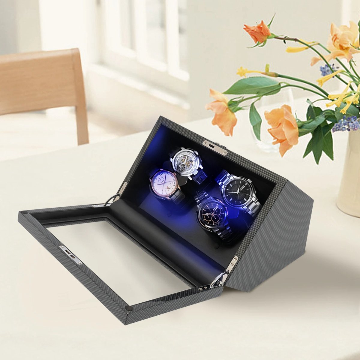 Horloge Vitrine - Horloge Box - Roterende Vitrine - Watch Winder - Voor 4 Horloges - LED verlichting - Zwart met Carbon Look