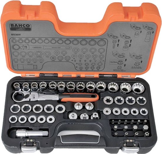 Gedetailleerd overzicht van een geopende oranje en zwarte Bahco S530T dopsleutelset, met alle chroom gereedschappen.
