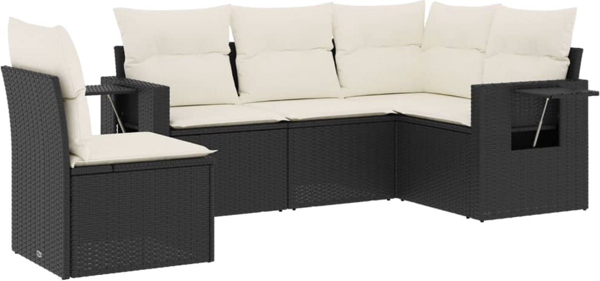 The Living Store 5-delige Loungeset met kussens poly rattan zwart - Loungeset - Tuinset - Lounge Set - Buitendecoratie - Outdoor Furniture