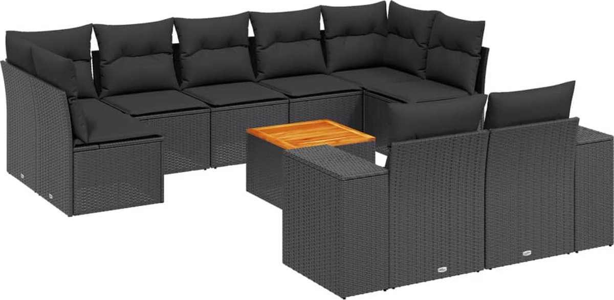 The Living Store 10-delige Loungeset met kussens poly rattan zwart - Tuinlounge - Lounge Set - Buitendecoratie - Outdoor Furniture - Loungebank