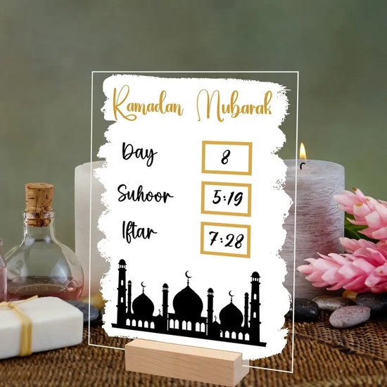 Shopy - Ramadan - Kalender - Ramadan kalender - Herbruikbaar - Flexiglas - Decoratie - Memobord met stift - Gebedstijden - Dag notificatie - Zonsopgang - Zonsondergang - Aftel bord - Ramadan Decoratie