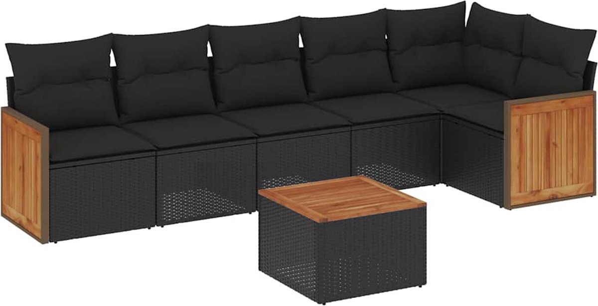 The Living Store 7-delige Loungeset met kussens poly rattan zwart - Loungeset - Lounge Set - Tuinlounge - Buitendining - Outdoor Furniture