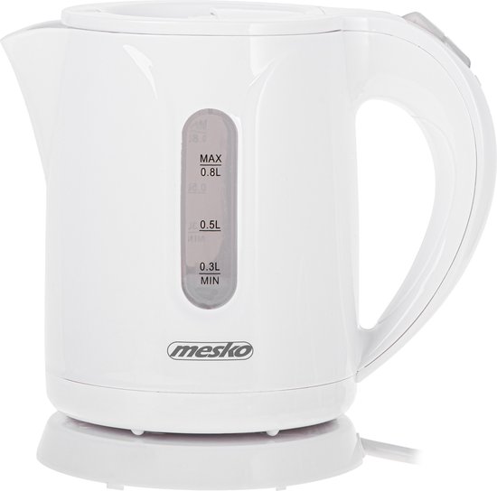 Witte Mesko waterkoker met waterniveauindicator. Deksel en handgreep zijn zichtbaar.