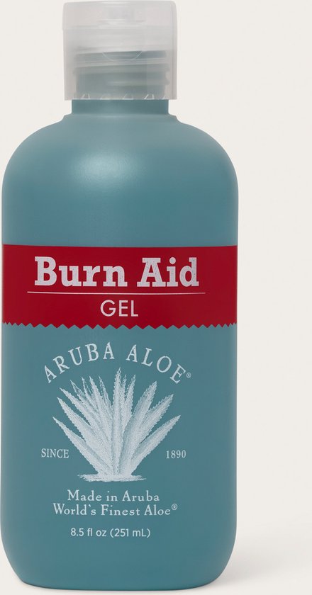 Een fles Burn Aid gel met rode en witte etikettering.