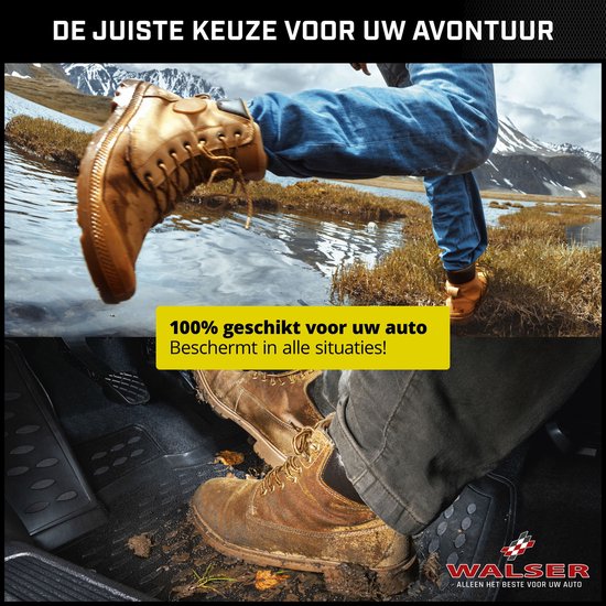 Boven: schoen in gras en water bij berglandschap. Onder: schoen op vuile autovloermat, met naastgelegen schone mat.