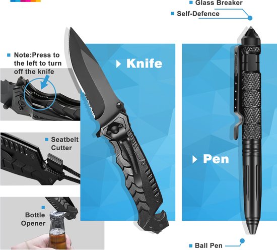 Zwart survivalmes met grijze grip, flesopener, touwsnijder en glaskraker.