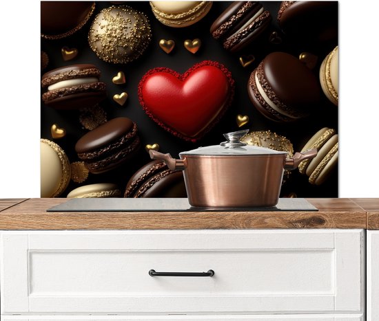Crédence de Cuisinière en Aluminium 80x55 cm - Macarons - Rouge - Coeur - Écran Pare-éclaboussures pour Plaque de Cuisson - Protection Murale