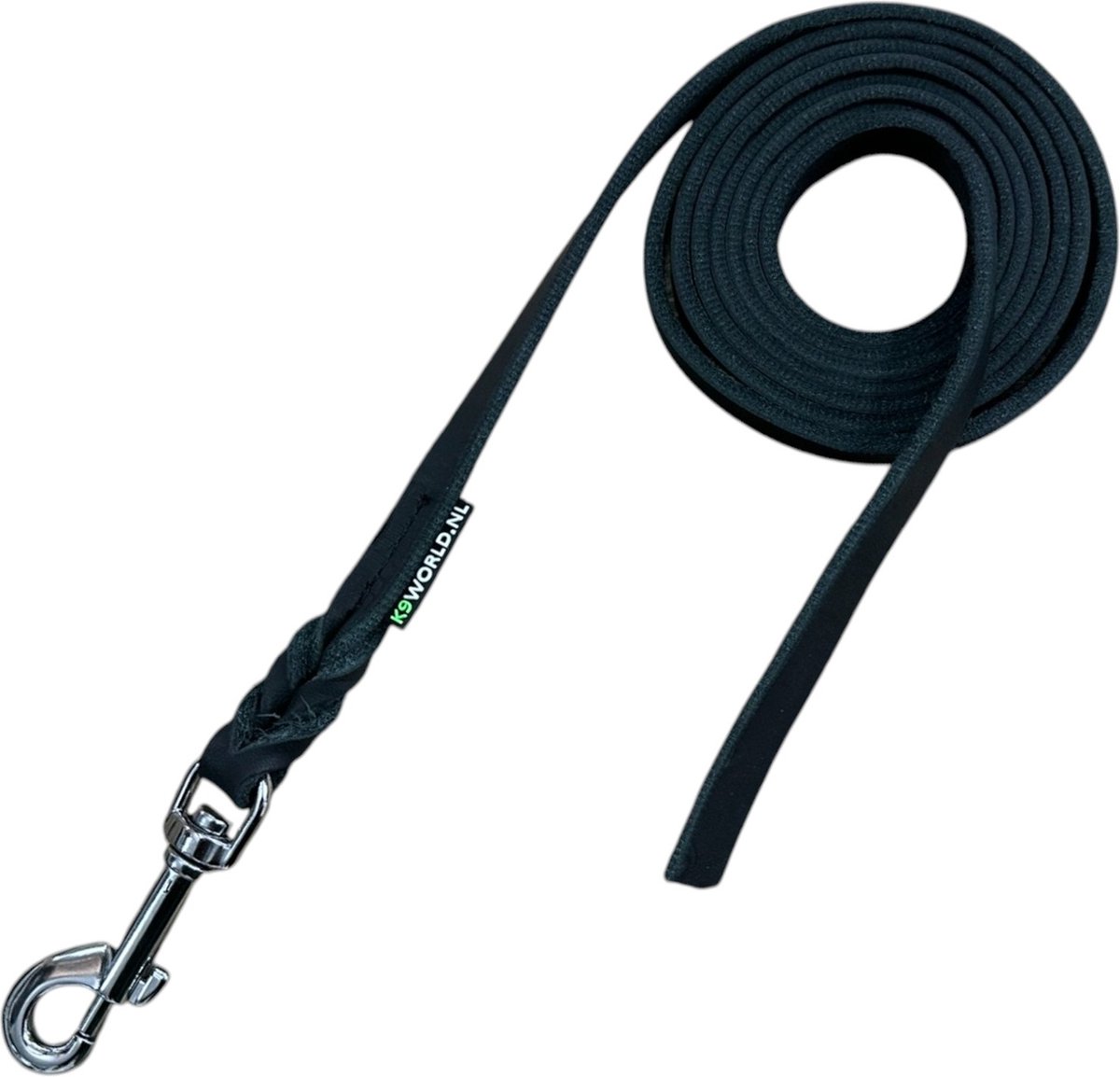 K9 World, honden riem, zwart leder, zonder handvat, 12 mm breed, 3 meter lang, verchroomd musketon