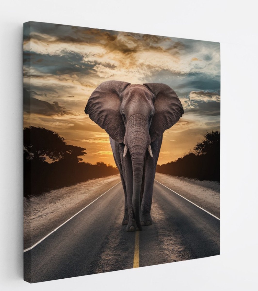 Saammp Canvas Schilderij - olifant op de weg - Afrika - Dieren - 40x40 - Foto op canvas - Wanddecoratie - muurdecoratie Woonkamer - Slaapkamer decoratie - Canvas Print Multicolor