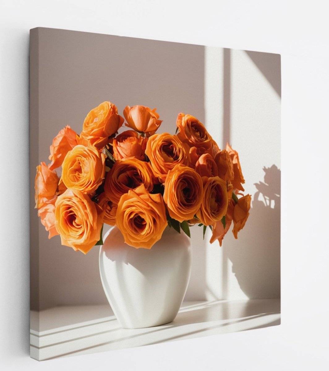 Saammp Canvas Schilderij - Oranje Bloemen in een vaas- Natuur - 30x30 - Foto op canvas - Wanddecoratie - Muurdecoratie Woonkamer - Kantoor Decoratie Multicolor