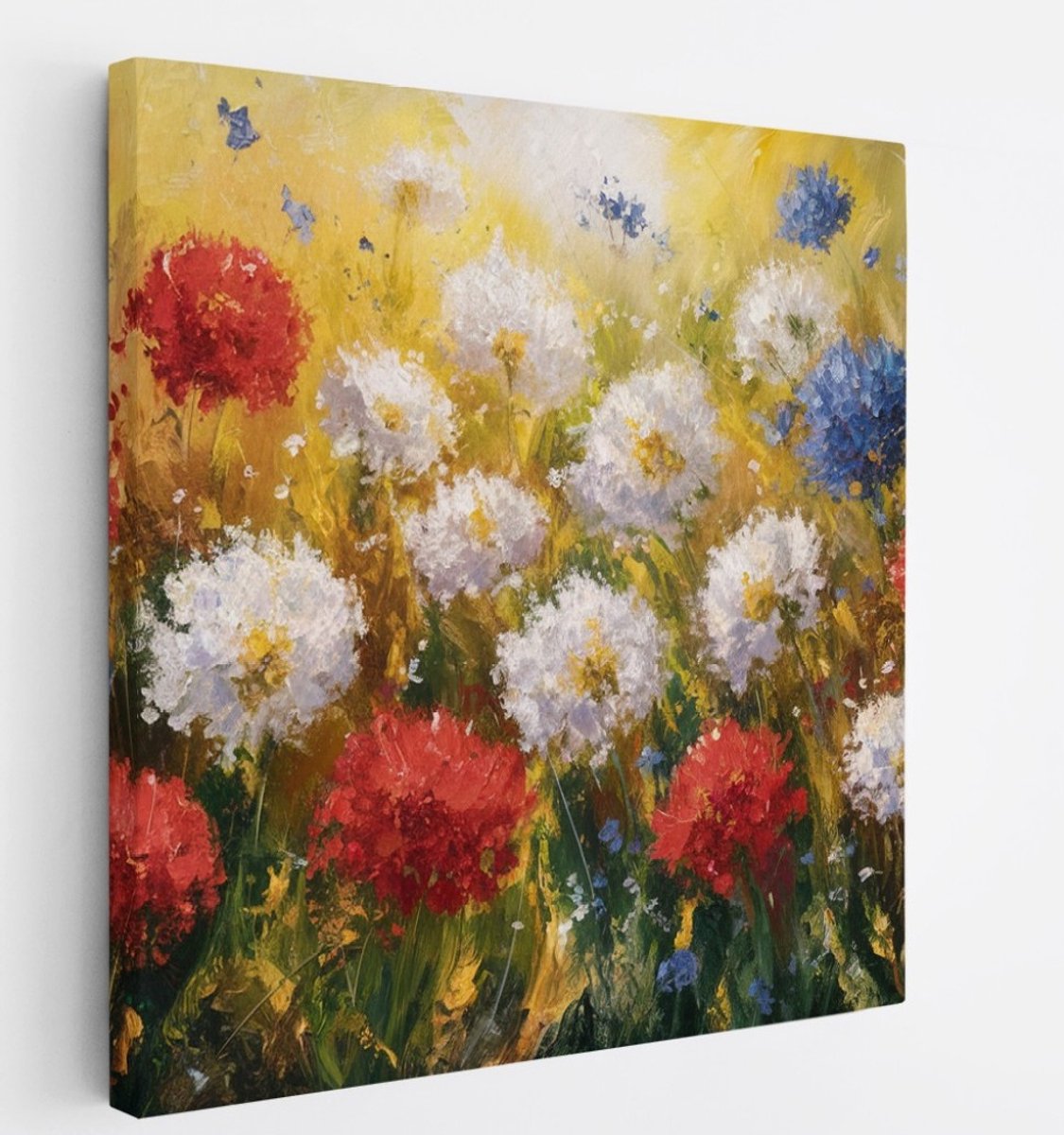 Saammp Canvas Schilderij - Bloemen Weide Rood, Wit en Blauw - Natuur - Abstract - 30x30 - Foto op canvas - Wanddecoratie - Muurdecoratie Woonkamer - Kantoor Decoratie Multicolor