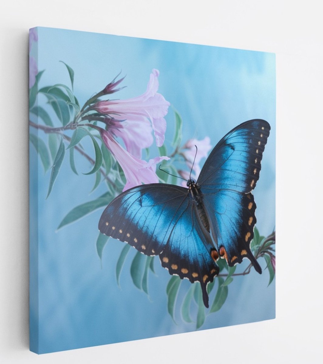 Saammp Canvas Schilderij - Vlinder op roze bloem - Abstract - Dieren - Natuur - 60x60 - Foto op canvas - Wanddecoratie - muurdecoratie Woonkamer - Slaapkamer decoratie - Canvas Print Multicolor