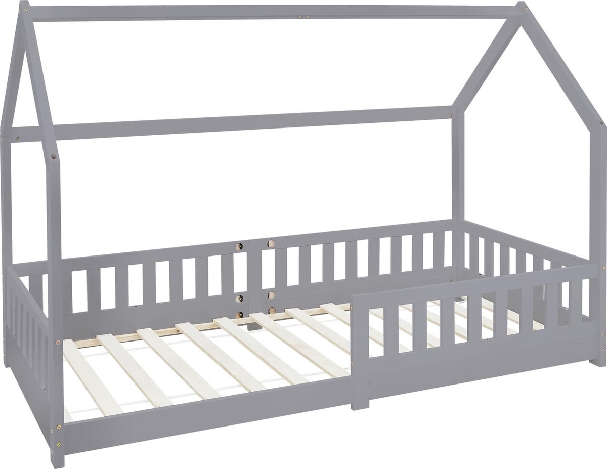 ML Design kinderbed series kinderbed 90x200 cm met valbeveiliging dak en lattenbodem lichtgrijs massief houten huisbed voor meisjes en jongens stabiel duurzaam jeugdbed van massief grenen hout multifunctioneel speelbed junior vloerbed huis design