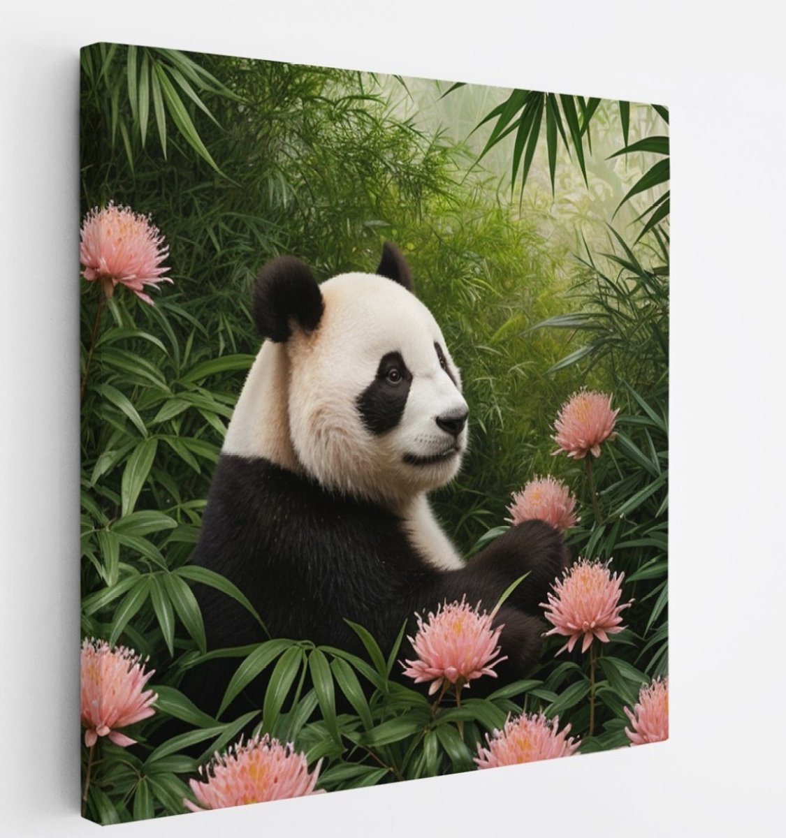 Saammp Canvas Schilderij - Panda tussen de roze bloemen - Natuur - Dieren - 60x60 - Foto op canvas - Wanddecoratie - Muurdecoratie Woonkamer - Slaapkamer decoratie - Canvas Print Multicolor