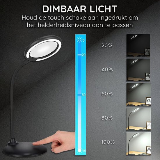 Lampe de bureau noire avec lumière dimmable, commande tactile et niveaux de luminosité.