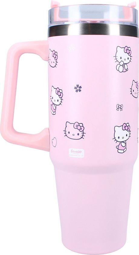 Roze beker met handvat. Bedrukt met verschillende Hello Kitty afbeeldingen en tekst "Sanrio Hello Kitty".