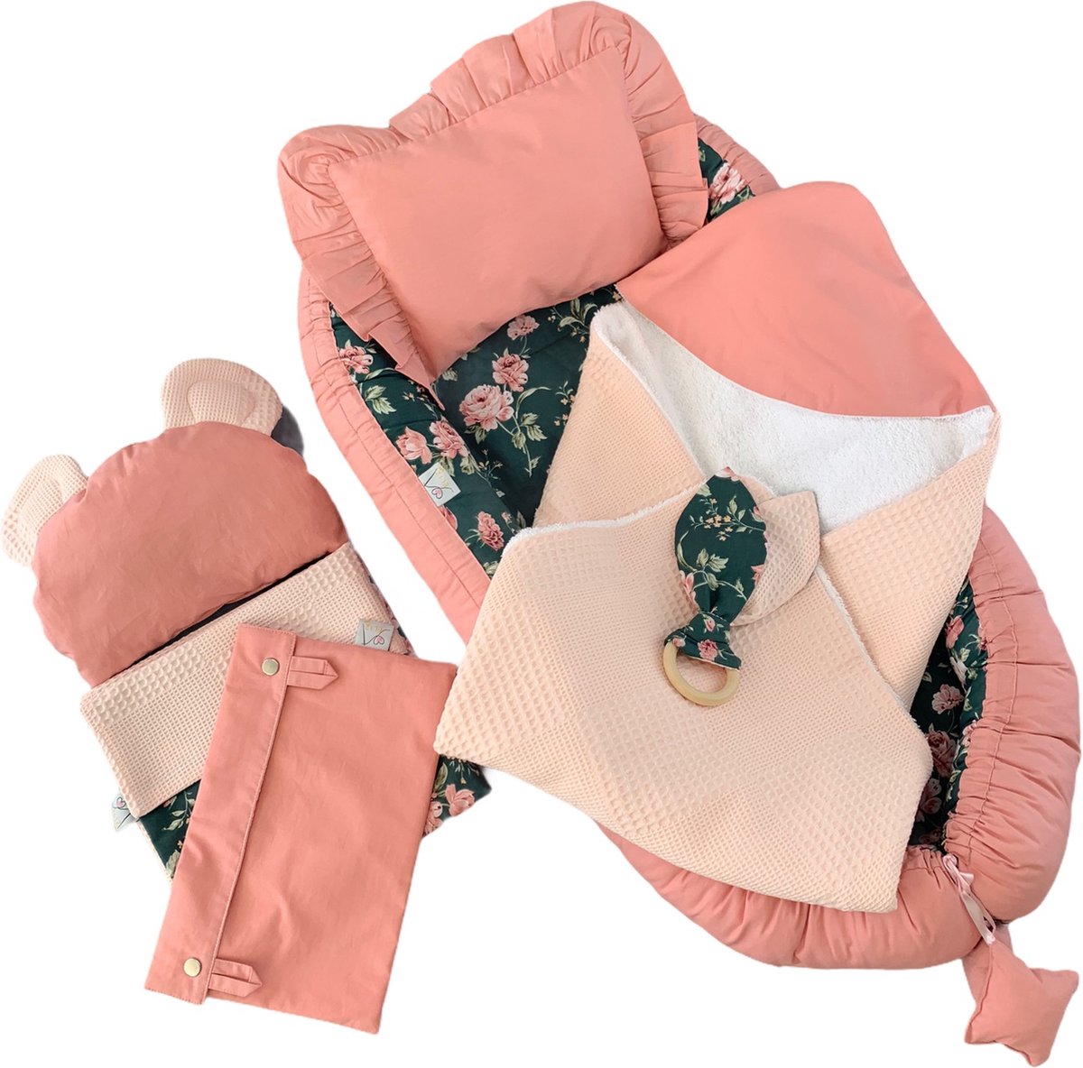 Babynest Eliz Baby Dubbelzijdig 8-delig Coral Salmon Waffle Holy Green Flowers Babynestje Kraamcadeau Babyuitzet