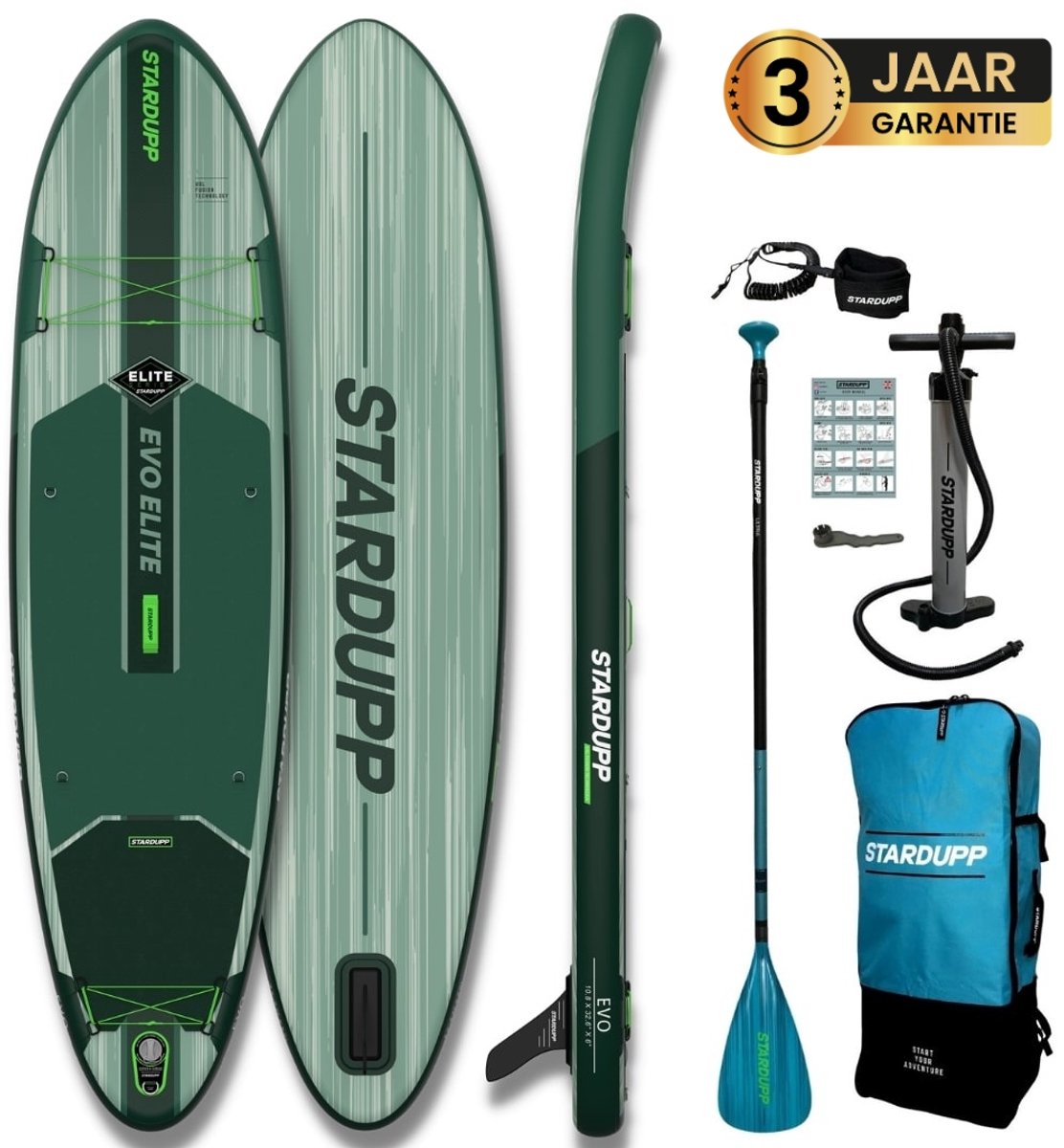 Stardupp EVO Elite SUP Board – Opblaasbaar – Complete Set – 325x82cm – Max. 150KG – Inclusief Pomp, Peddel & Racing Vin - Groen