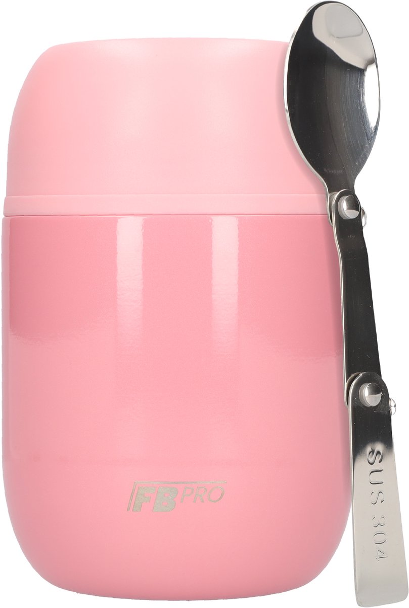 Thermos Voedselcontainer met Lepel - Thermoskan - Voedsel container voor noodles, soep, havermout, ijs, babyvoeding en meer! - Yoghurt beker to go - Thermosbeker voor het meenemen van eten - lichtroze - 420ml