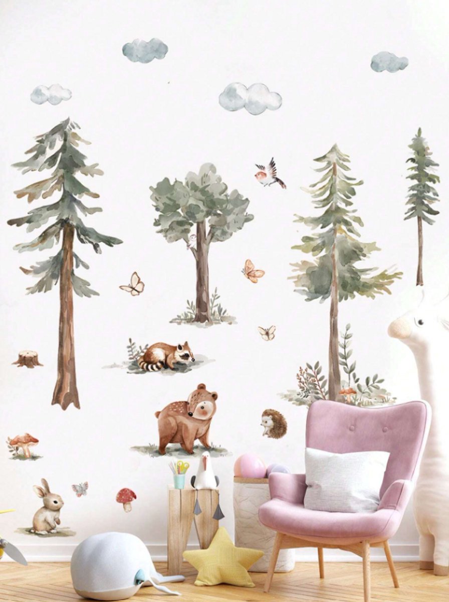 Muursticker Bos en Bosdieren | 160 x 130 cm | 4 Stroken van 90 x 30 cm | Nunu's®