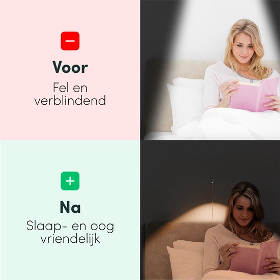 Vrouw leest met fel licht en met oogvriendelijk, dimbaar licht.