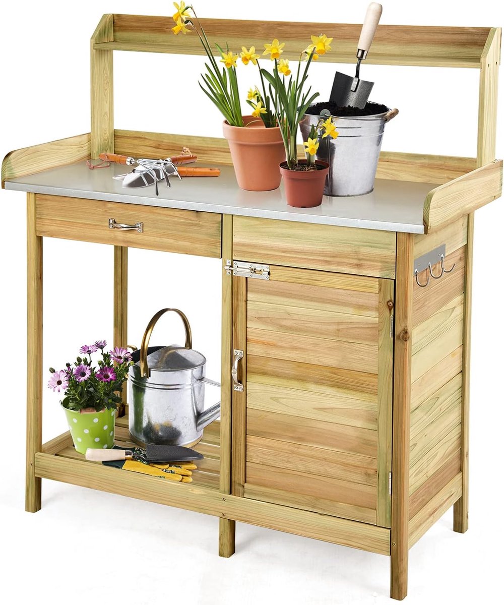 COSTWAY Plantentafel met laden en onderkast, tuintafel, dennenhout, bloementafel met verzinkt werkblad, 3 haken, tuinwerktafel, tuintafel, weerbestendig, natuur, 112 x 46 x 125 cm