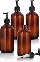 Distributeur de savon 4 pièces - 500 ml - Plastique PET - Distributeur de lotion - Avec pompe à lotion noire - Distributeur - Bouteille de shampoing rechargeable - Pour cuisine et salle de bain - Marron