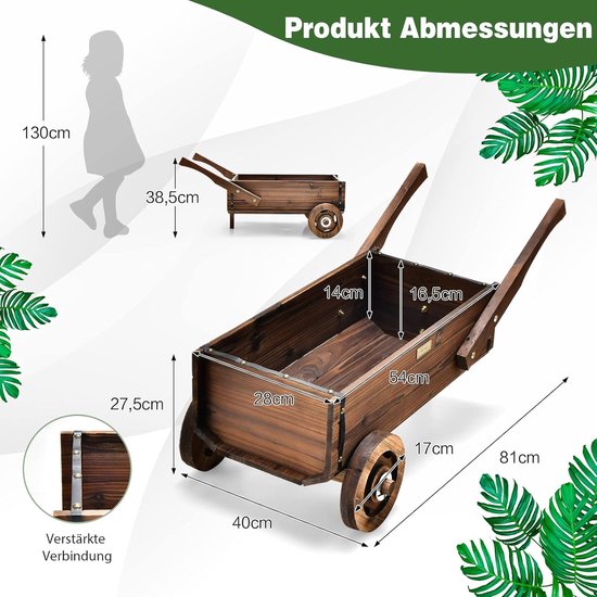 COSTWAY Plantenwagen van hout, met wielen en handgrepen, bloemwagen met afvoergat, plantenpot, bolderkar, kruiwagen, tuindecoratie, rustieke plantenwagen voor tuin terras, bruin van Costway — afbeelding 2