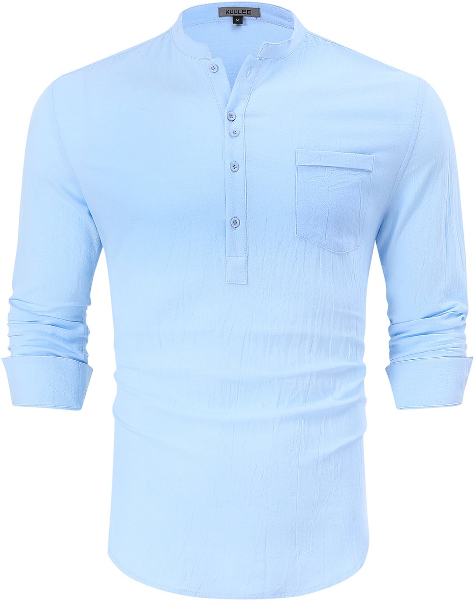 PADOLA Linnen Overhemd voor Heren, Lange Mouwen, Henley-kraag, Heren Zomeroverhemd, Strandoverhemd, Linnen Vrijetijdsoverhemden, Heren Linnen Shirt, 4 donkerblauw, S