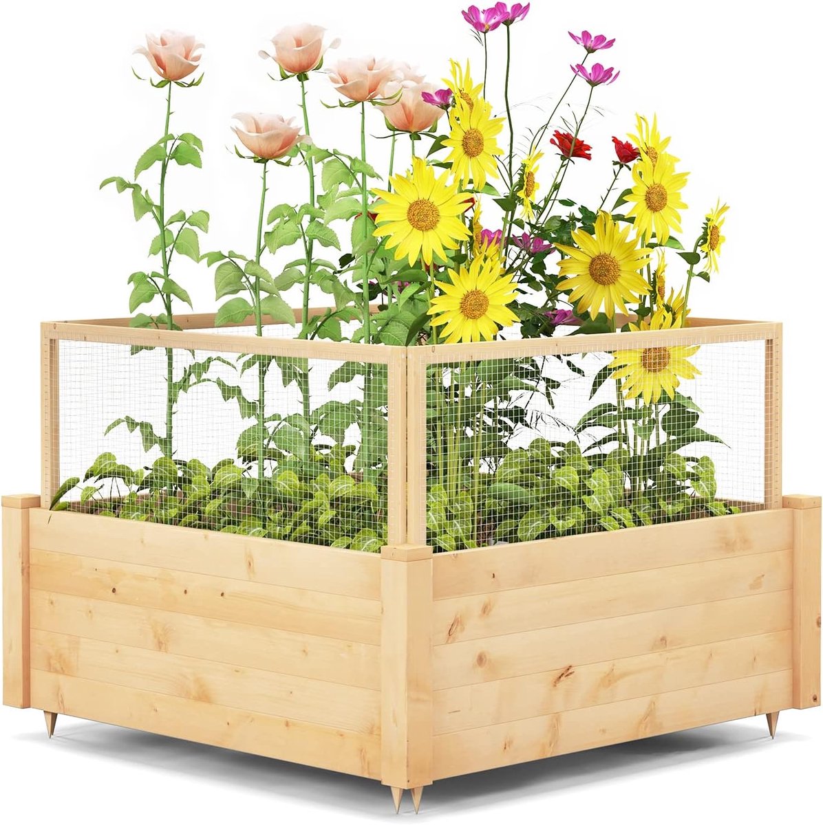 COSTWAY Verhoogd bloembed met hek, houten plantenbak met 4-zijdige bescherming en 9 plantenoppervlakken, bloembak voor groenten, fruit, kruiden, 107 x 107 x 70 cm