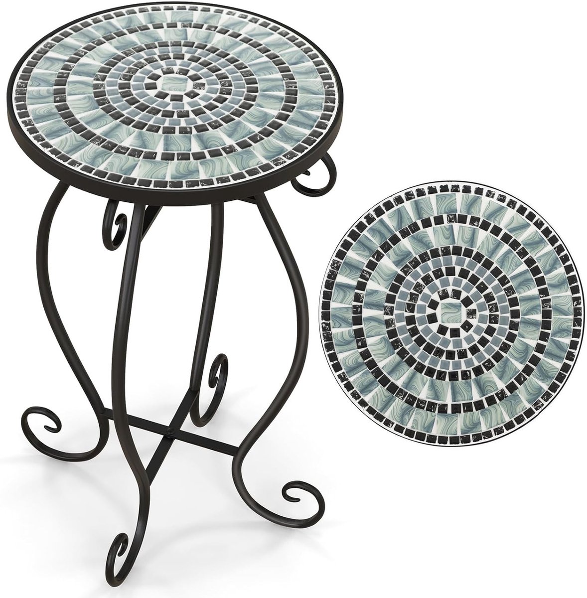 COSTWAY Bijzettafel, mozaïektafel, rond, mozaïek, tuintafel, bistrotafel, diameter 30 x 50 cm, balkontafel van metaal en keramiek, bloemenkruk voor balkon, terras en tuin (zwart + grijs)