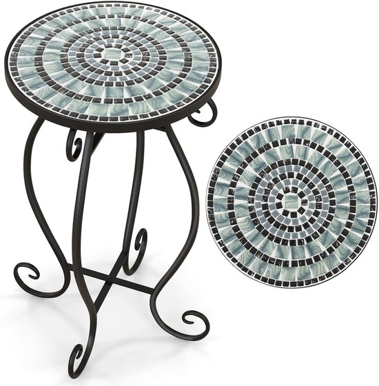 COSTWAY Table d'appoint, table mosaïque, ronde, mosaïque, table de jardin, table bistrot, diamètre 30 x 50 cm, table de balcon en métal et céramique, tabouret de fleurs pour balcon, terrasse et jardin (noir + gris)