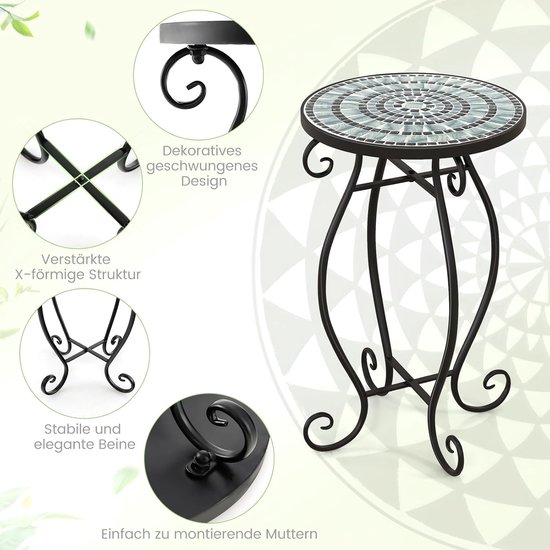 COSTWAY Table d'appoint, table mosaïque, ronde, mosaïque, table de jardin, table bistrot, diamètre 30 x 50 cm, table de balcon en métal et céramique, tabouret de fleurs pour balcon, terrasse et jardin (noir + gris)