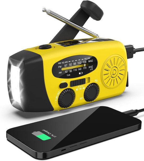 Noodradio - Noodradio Opwindbaar - 2000 mAh - Radio Met Accu Batterij Voor Noodsituaties - Noodpakket - Opwindbaar - Solar - Zaklamp - Powerbank - Noodradio Op Batterijen - Geel - Voor Rampen/Camping - Draagbare