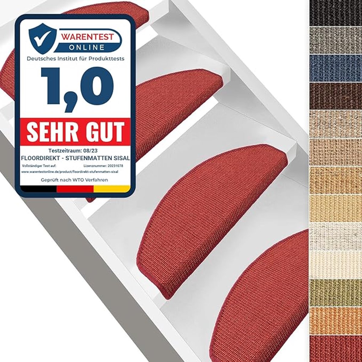 FLOORDIREKT Sisal-Trapmat - Premium - Zelfklevend - Halfrond - Rood - 23,5 x 65 cm