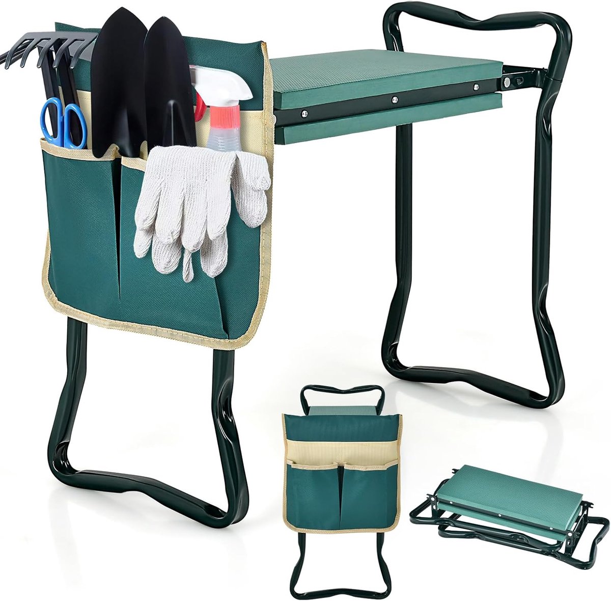 COSTWAY 2-in-1 kniebank voor tuinieren, tuinkruk, inklapbaar, tuinkruk met EVE-bekleding en 1 gereedschapstas, kniebescherming, kniehulp, tot 150 kg belastbaar, 58 x 27,5 x 50 cm, groen