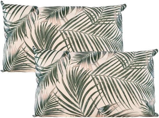 Sierkussen Anna's Collection pour l'intérieur et l'extérieur - 2x - imprimé palmier - vert/blanc - 30 x 50 cm - coussins de jardin