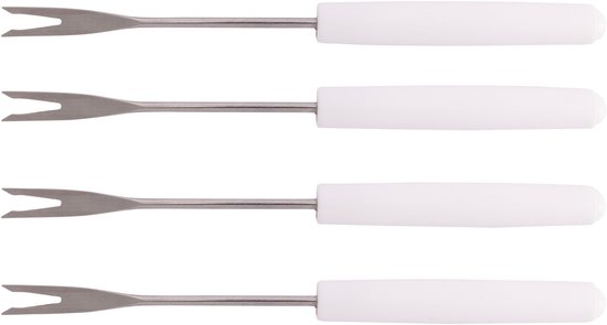 Vier fonduevorkjes met witte handvatten en metalen uiteinden met twee tanden.