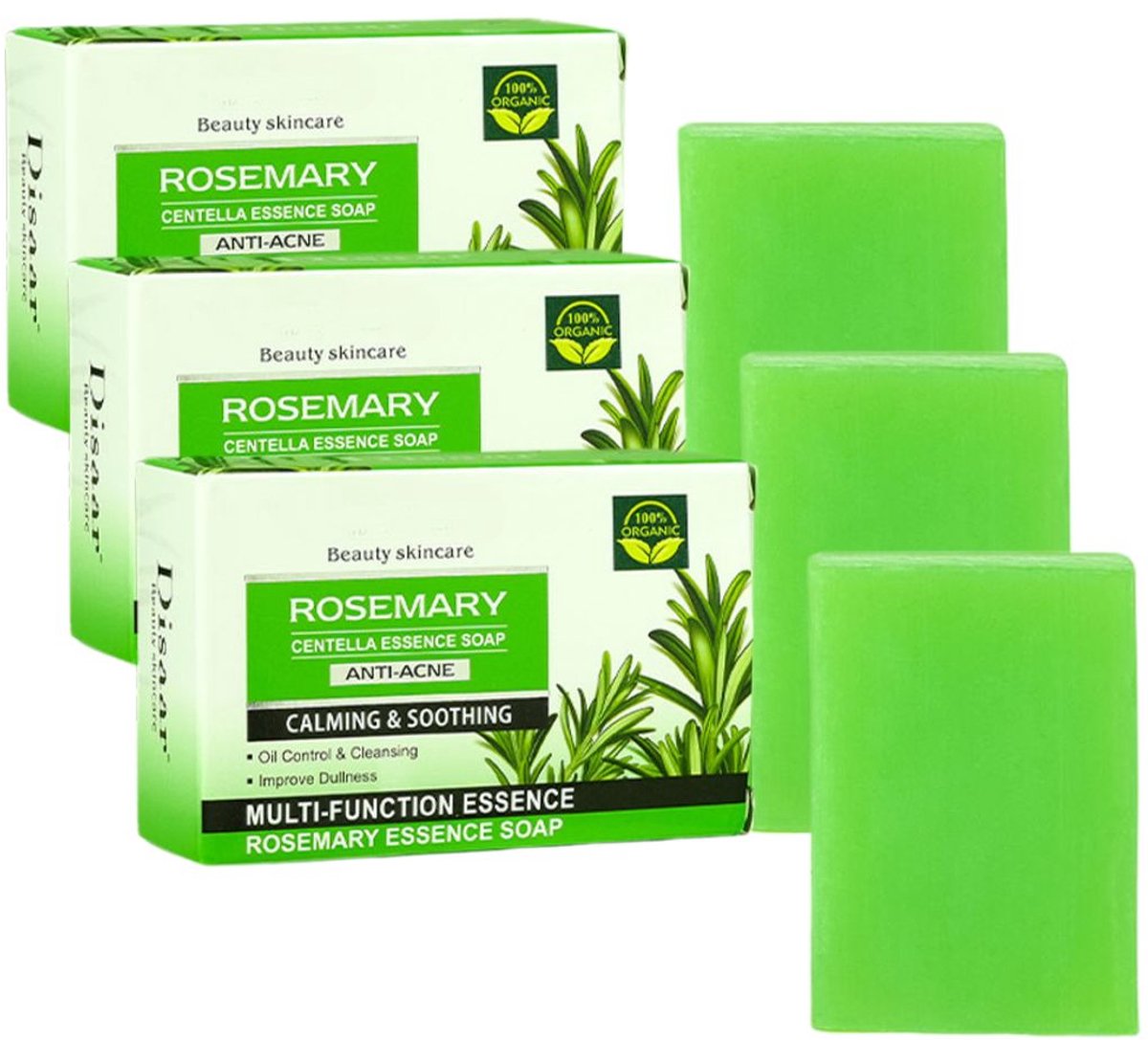 3 x ROZEMARIJN Zeep - Gezichtsreiniging met Rozemarijn & Centella - Tegen acne - Ontstekingsremmend - Talgregulerend - Diep reinigend - Kalmerend - Gezichtsreiniger - Rosemary Centella Essence Soap - Zeeptablet