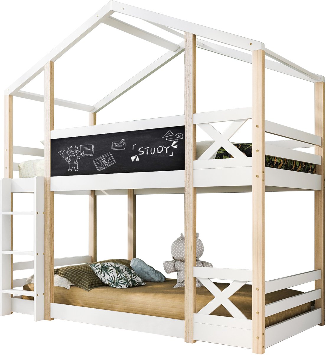 Merax Kinderbed Boomhut met Ladder 90x200 cm, Hoogbed voor Kinderen-2x Lattenbodem-Natuur & Wit