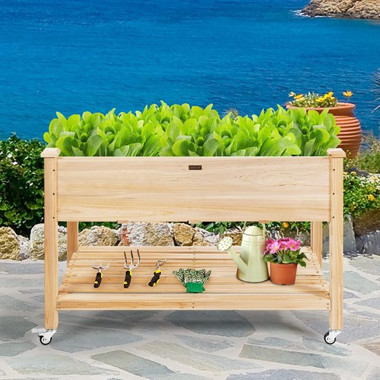 COSTWAY Jardinière surélevée avec étagère et roulettes, jardinière surélevée en bois, jardinière avec roulettes verrouillables et film de protection, grand bac à légumes, bac à herbes, pour balcon, jardin, terrasse