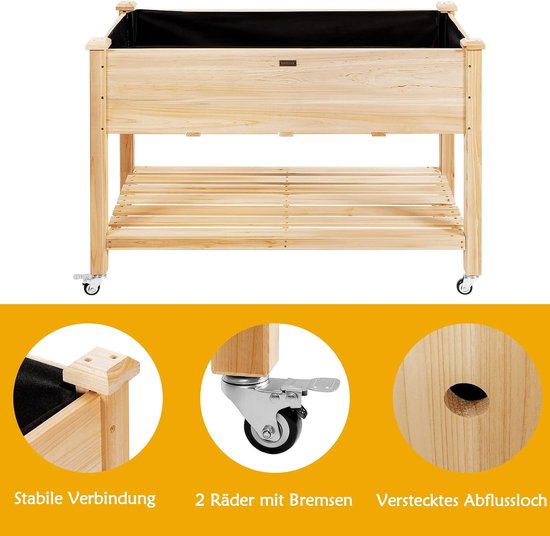 COSTWAY Jardinière surélevée avec étagère et roulettes, jardinière surélevée en bois, jardinière avec roulettes verrouillables et film de protection, grand bac à légumes, bac à herbes, pour balcon, jardin, terrasse