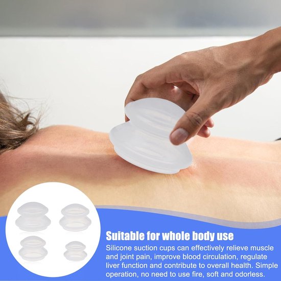 Een hand plaatst een transparante siliconen cupping glas op een rug. Tekst zegt "Suitable for whole body use".