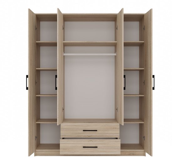 Houten kledingkast met vier open deuren en laden, toont legplanken en een roede.